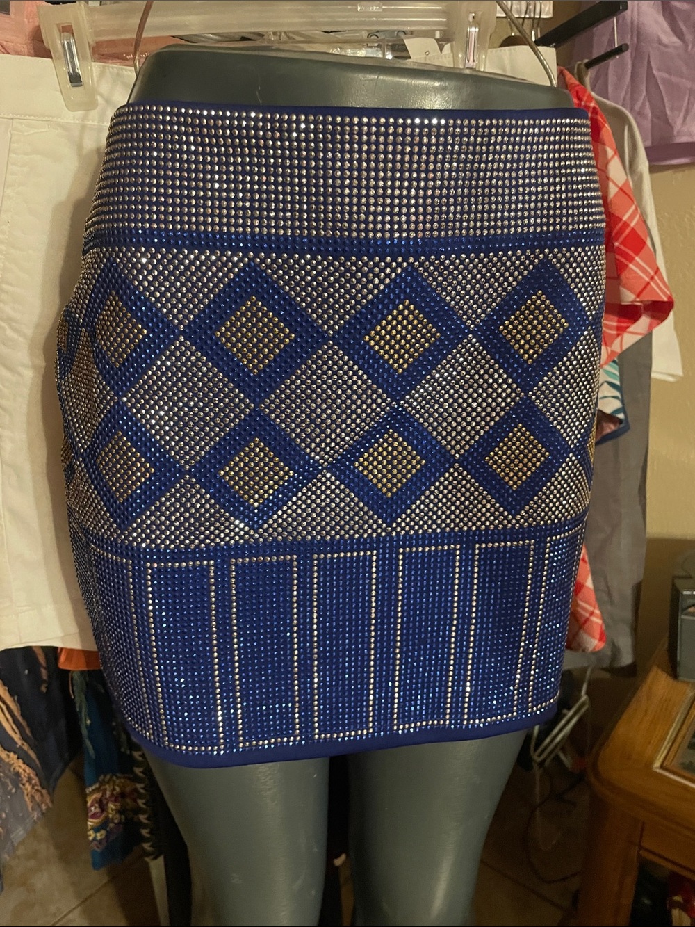 Esley Blue and Silver Embellished Geometric Pencil Skirt